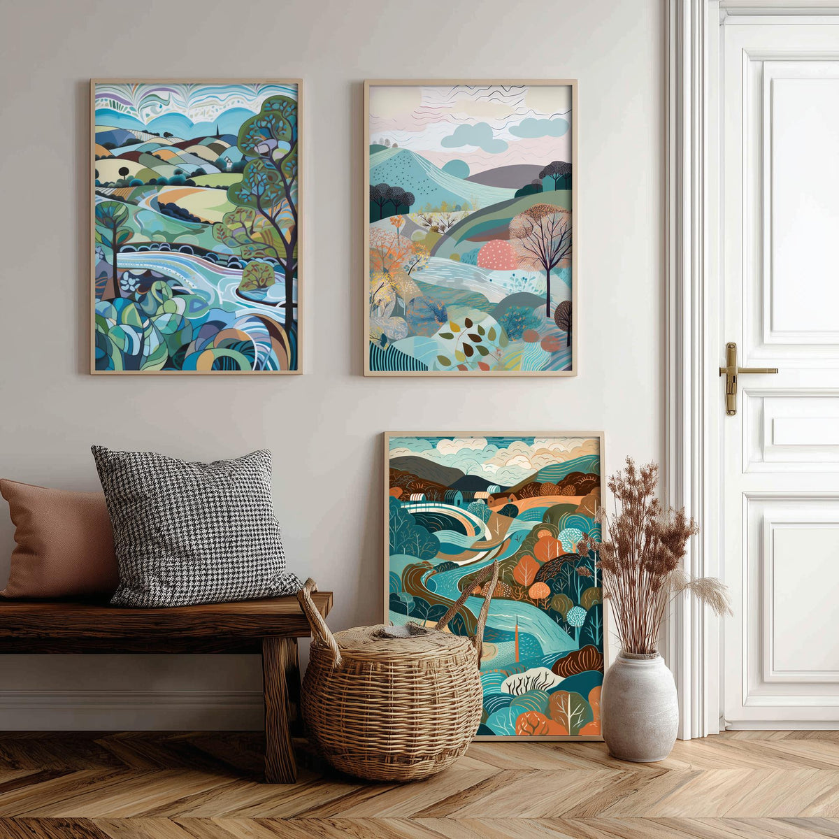 Blue Landscape Drawing Set of Three Art Prints - Trees, Hills and River - Swirling Folk Countryside Poster Illustration