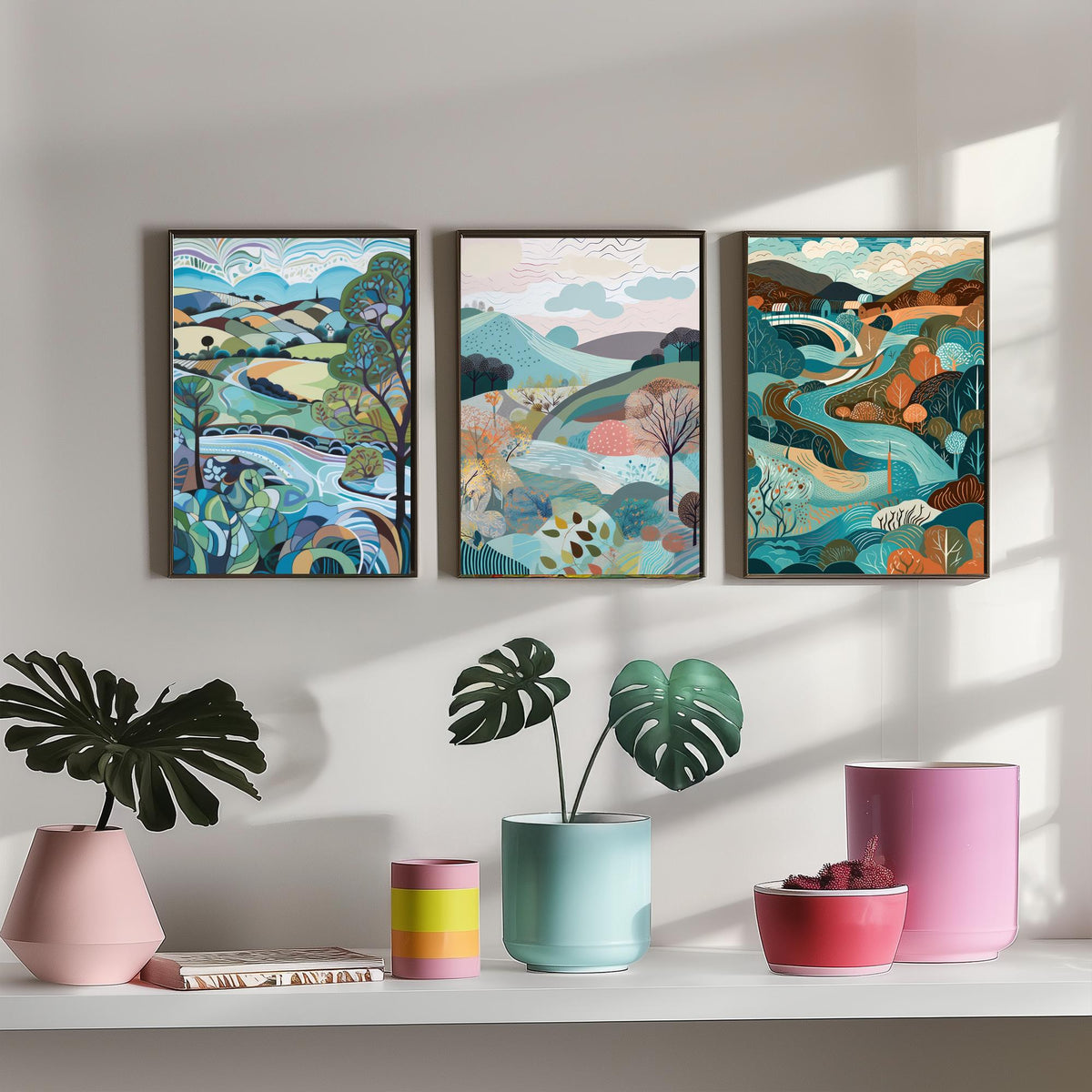 Blue Landscape Drawing Set of Three Art Prints - Trees, Hills and River - Swirling Folk Countryside Poster Illustration