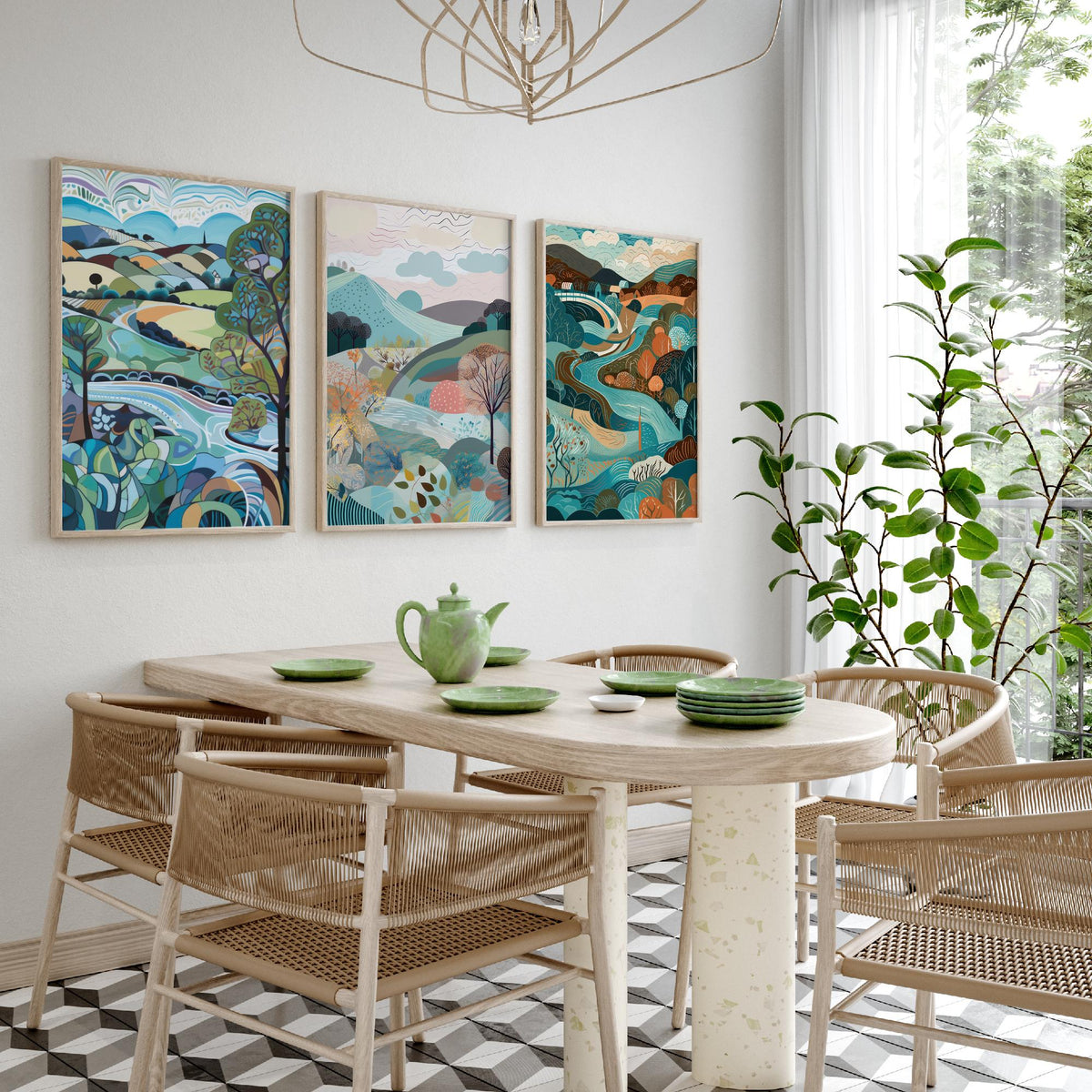 Blue Landscape Drawing Set of Three Art Prints - Trees, Hills and River - Swirling Folk Countryside Poster Illustration