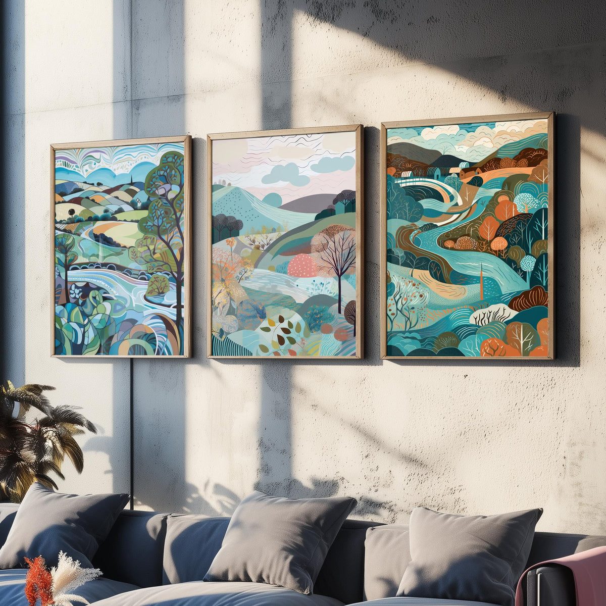 Blue Landscape Drawing Set of Three Art Prints - Trees, Hills and River - Swirling Folk Countryside Poster Illustration