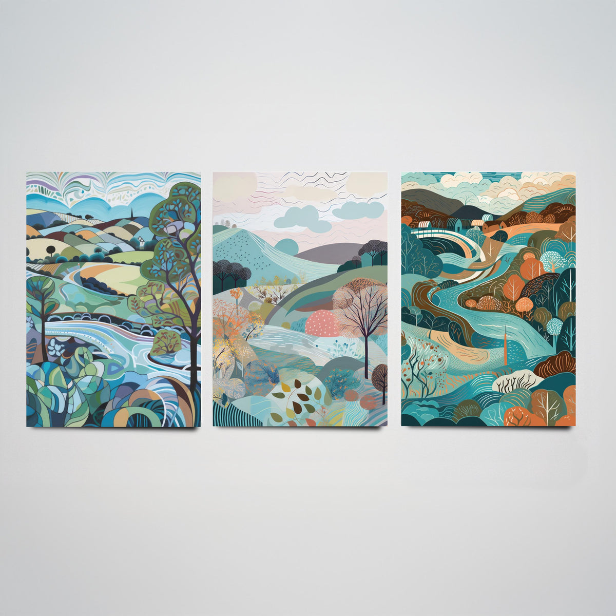 Blue Landscape Drawing Set of Three Art Prints - Trees, Hills and River - Swirling Folk Countryside Poster Illustration