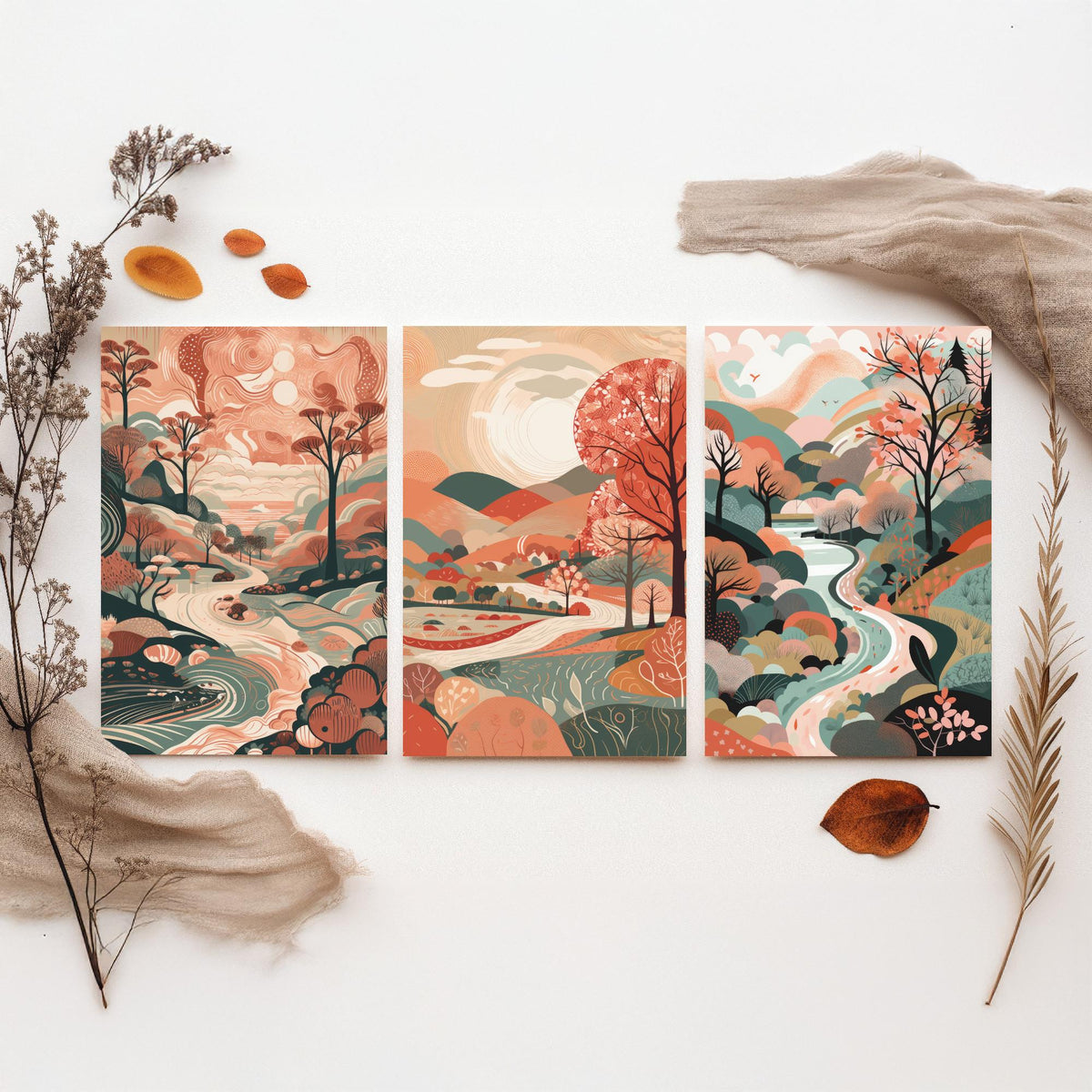Coral Landscape Drawing Set of Three Art Prints - Trees, Hills and River - Warm Folk Countryside Poster Illustration