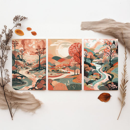 Coral Landscape Drawing Set of Three Art Prints - Trees, Hills and River - Warm Folk Countryside Poster Illustration