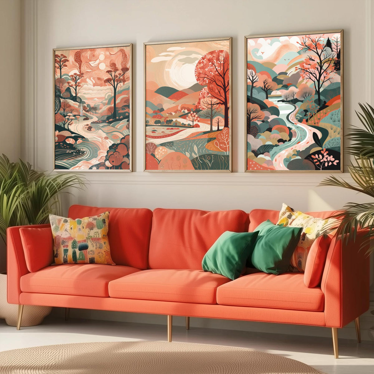 Coral Landscape Drawing Set of Three Art Prints - Trees, Hills and River - Warm Folk Countryside Poster Illustration
