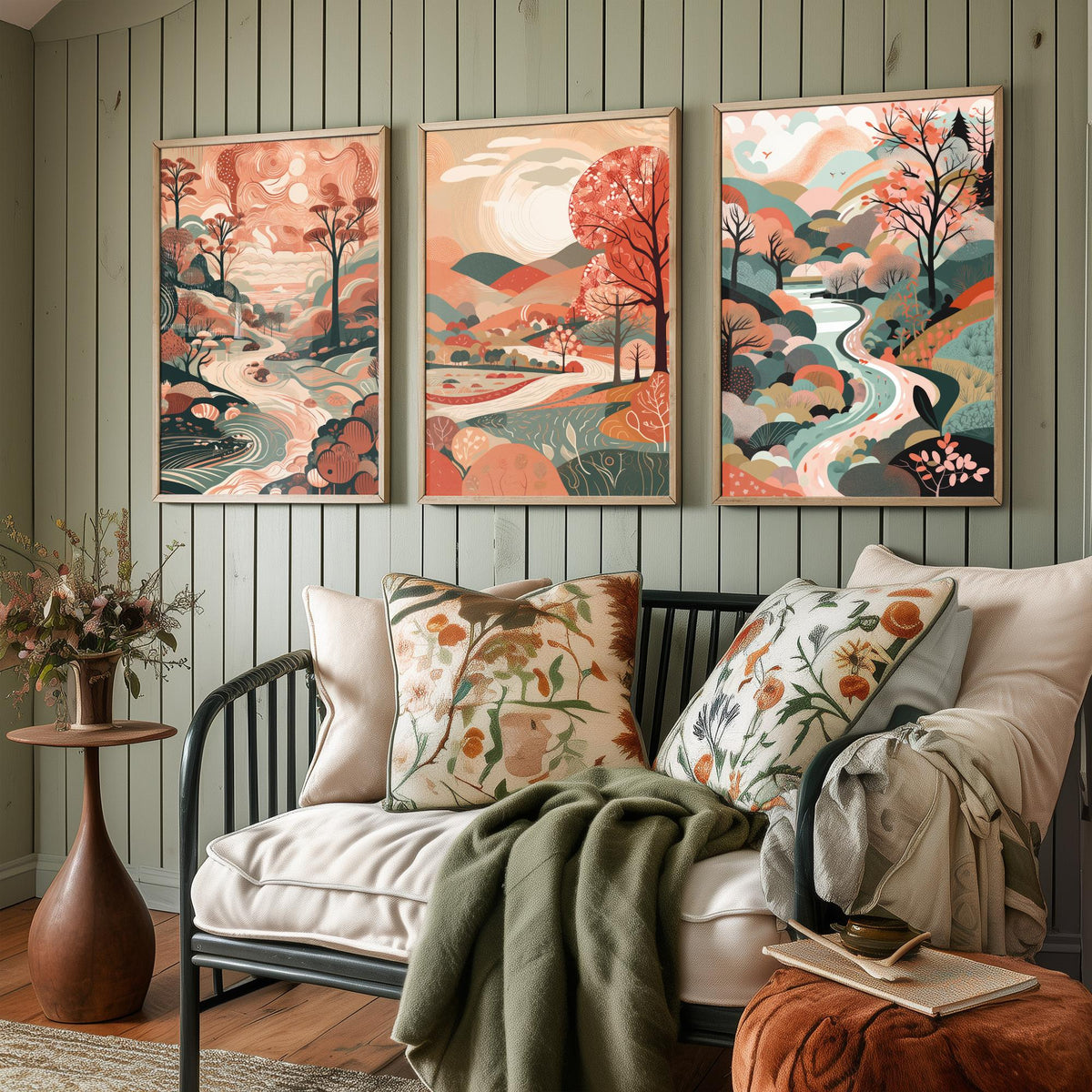 Coral Landscape Drawing Set of Three Art Prints - Trees, Hills and River - Warm Folk Countryside Poster Illustration