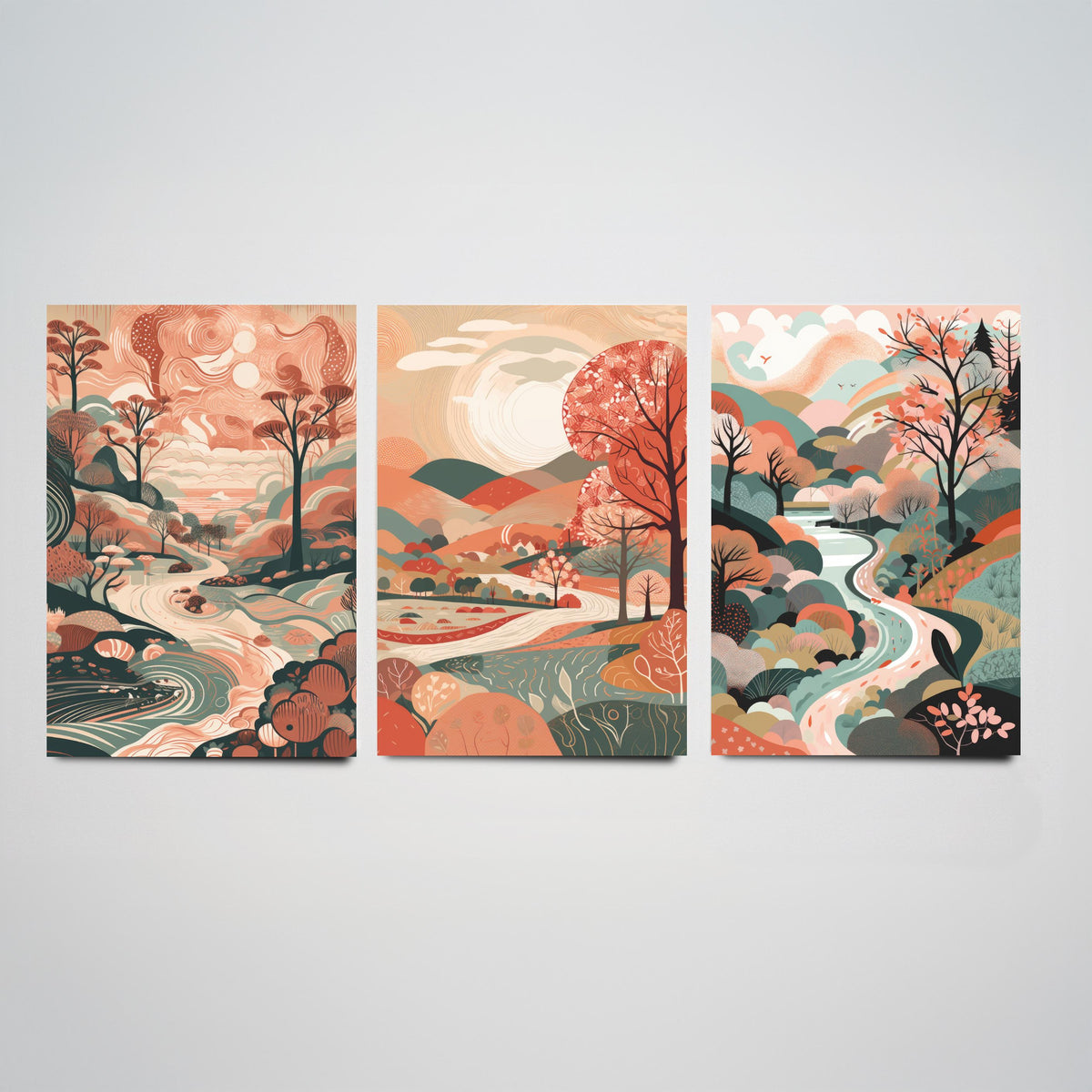 Coral Landscape Drawing Set of Three Art Prints - Trees, Hills and River - Warm Folk Countryside Poster Illustration