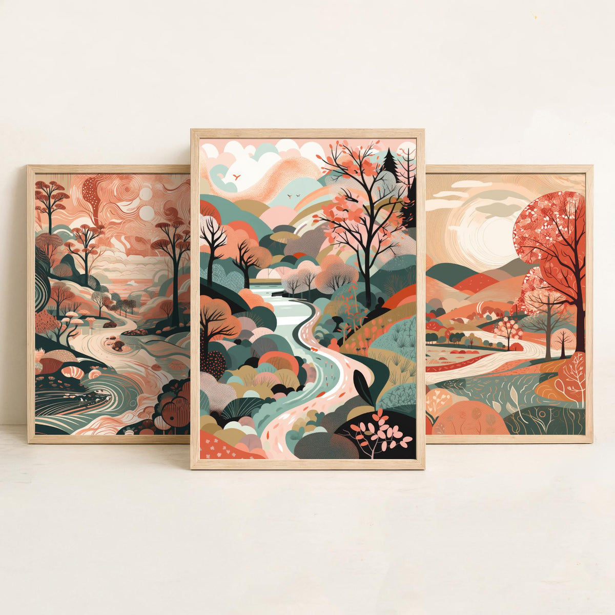 Coral Landscape Drawing Set of Three Art Prints - Trees, Hills and River - Warm Folk Countryside Poster Illustration