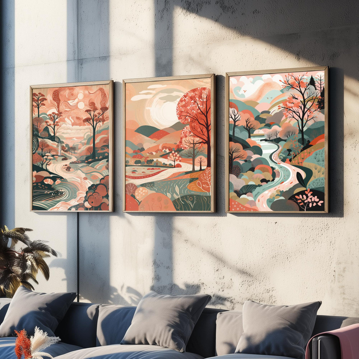 Coral Landscape Drawing Set of Three Art Prints - Trees, Hills and River - Warm Folk Countryside Poster Illustration