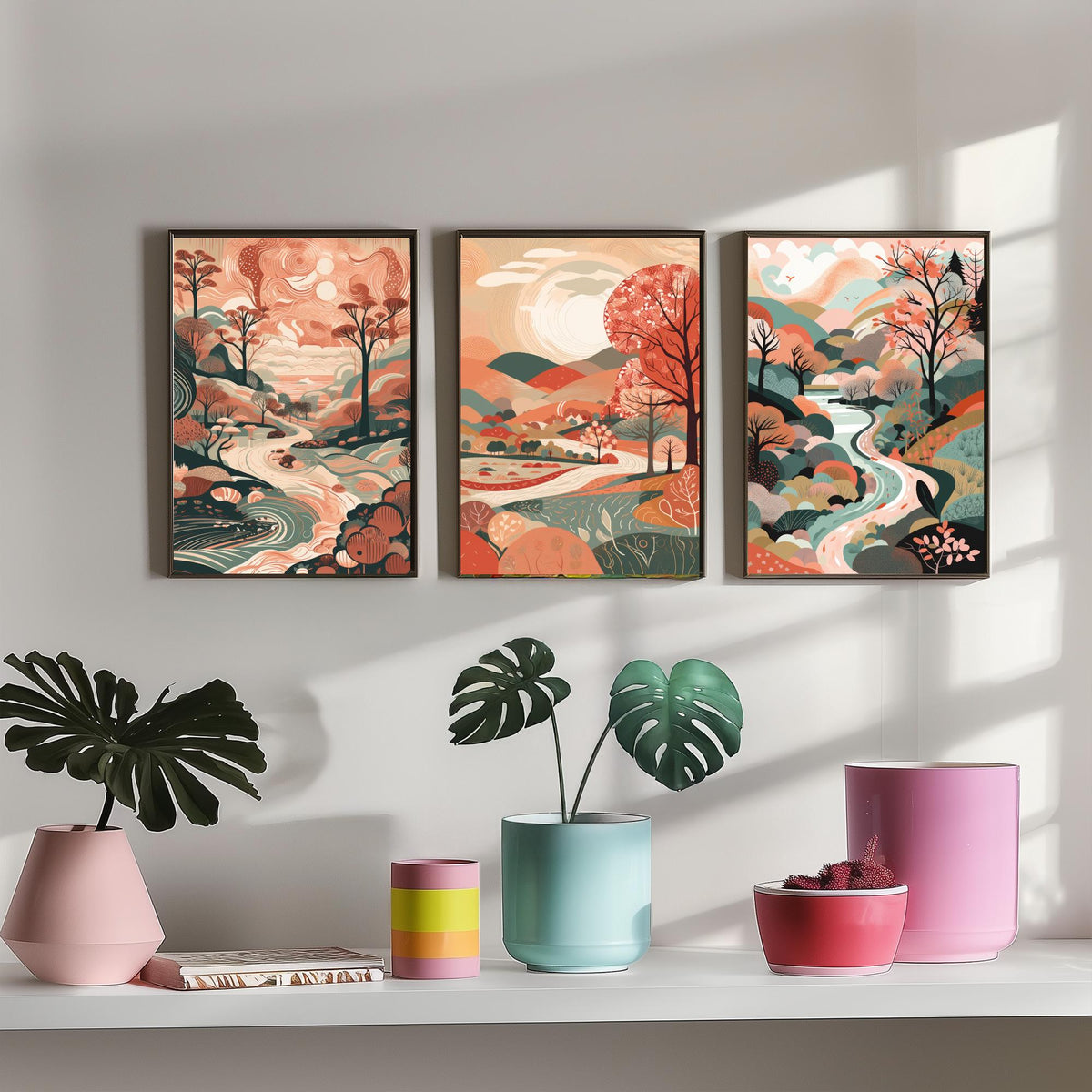 Coral Landscape Drawing Set of Three Art Prints - Trees, Hills and River - Warm Folk Countryside Poster Illustration