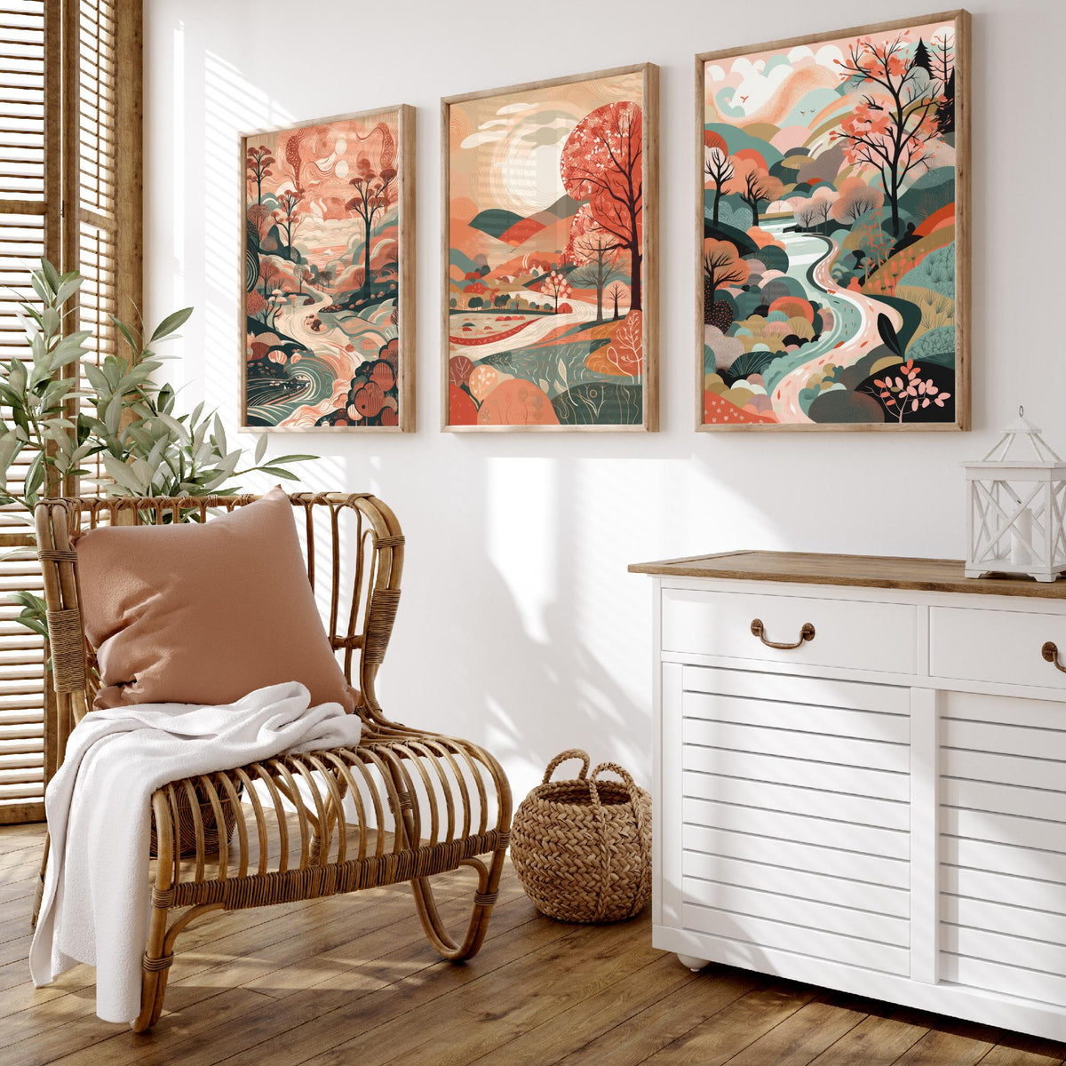 Coral Landscape Drawing Set of Three Art Prints - Trees, Hills and River - Warm Folk Countryside Poster Illustration