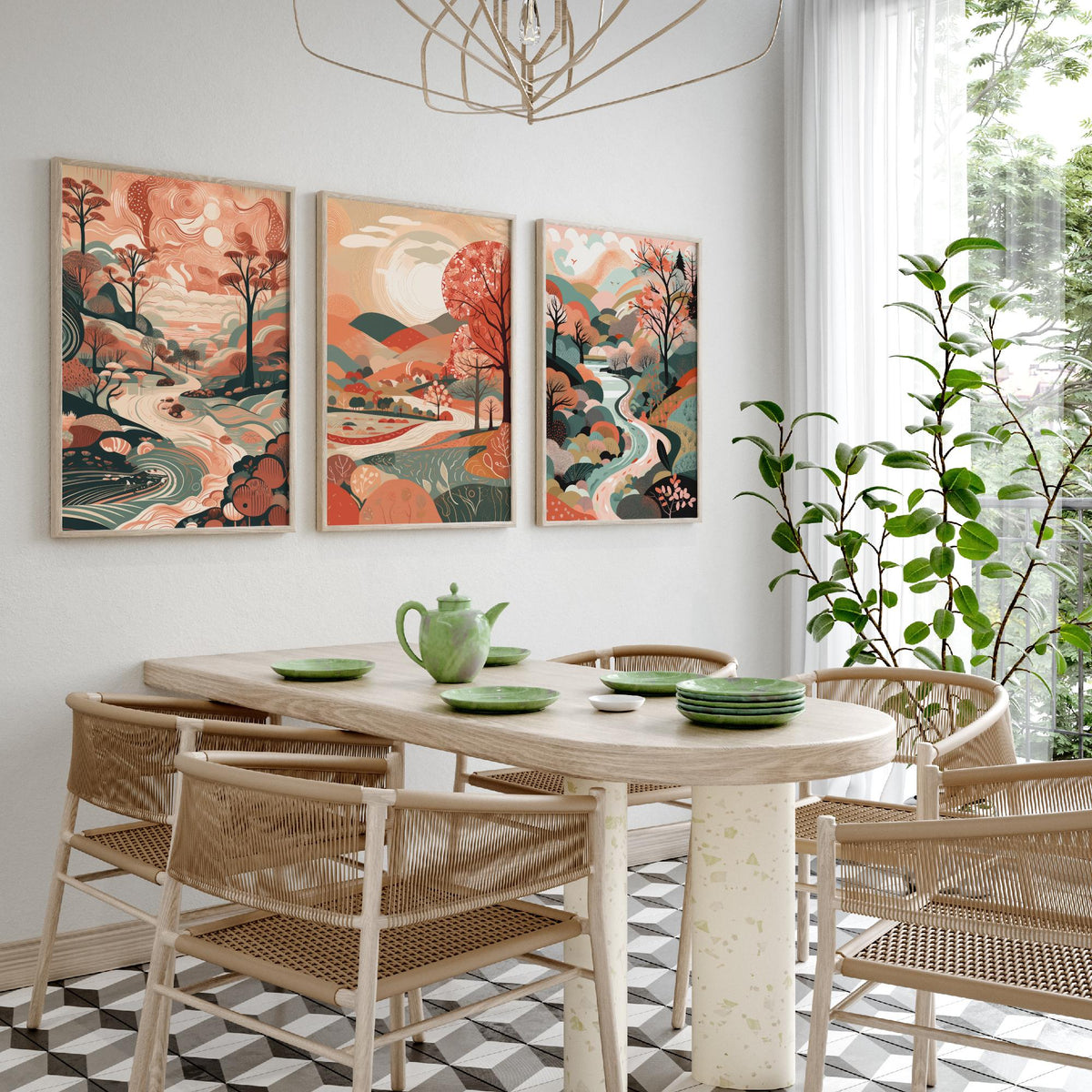 Coral Landscape Drawing Set of Three Art Prints - Trees, Hills and River - Warm Folk Countryside Poster Illustration