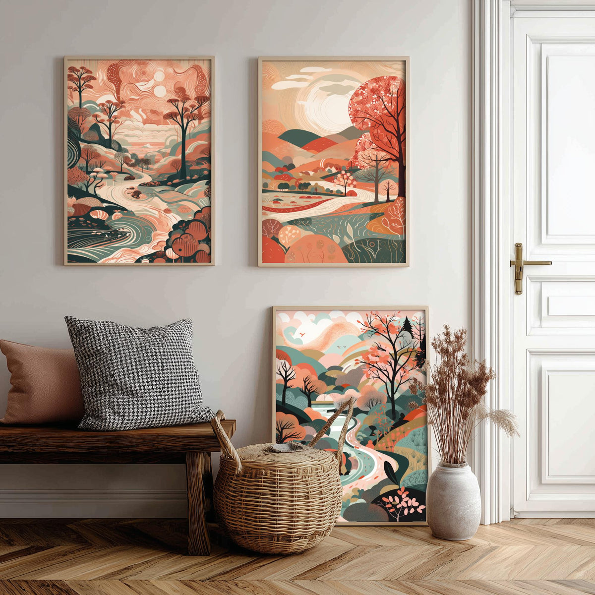 Coral Landscape Drawing Set of Three Art Prints - Trees, Hills and River - Warm Folk Countryside Poster Illustration