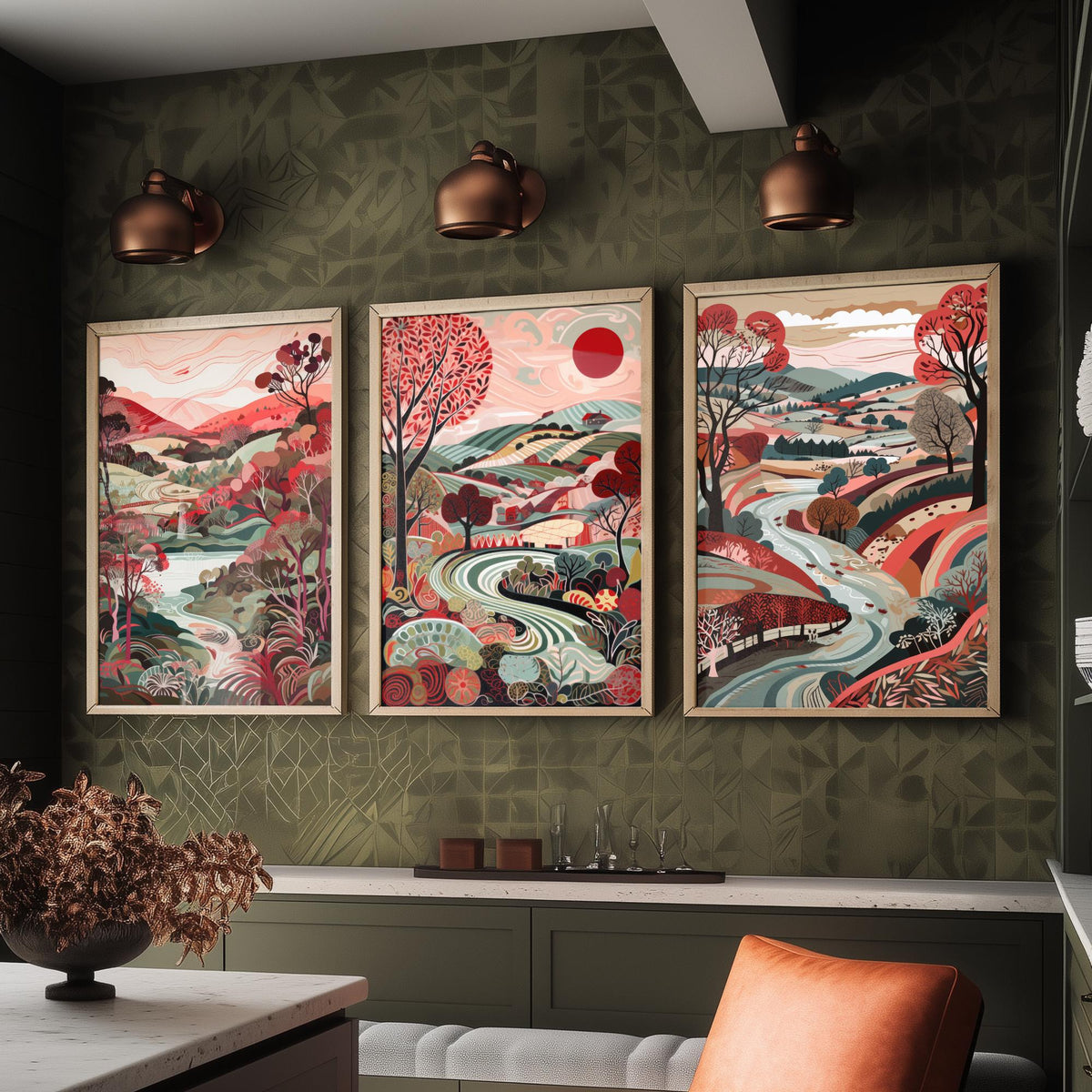 Crimson Landscape Drawing Set of Three Art Prints - Trees, Hills and Fields - Patterned Folk Countryside Poster Illustration