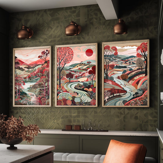 Crimson Landscape Drawing Set of Three Art Prints - Trees, Hills and Fields - Patterned Folk Countryside Poster Illustration