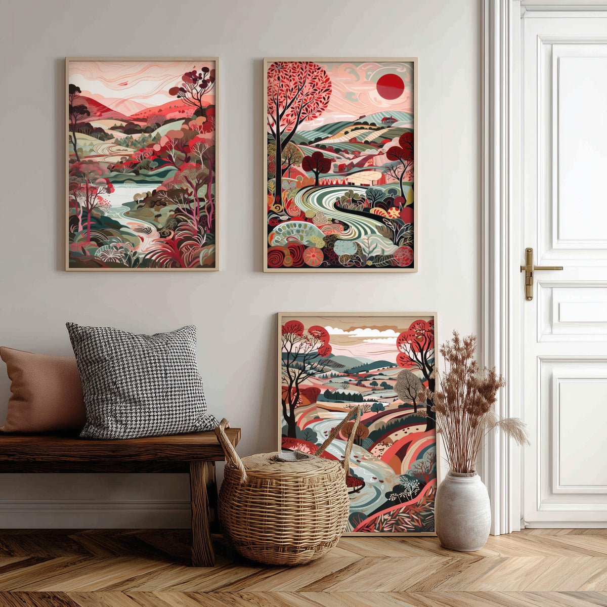 Crimson Landscape Drawing Set of Three Art Prints - Trees, Hills and Fields - Patterned Folk Countryside Poster Illustration