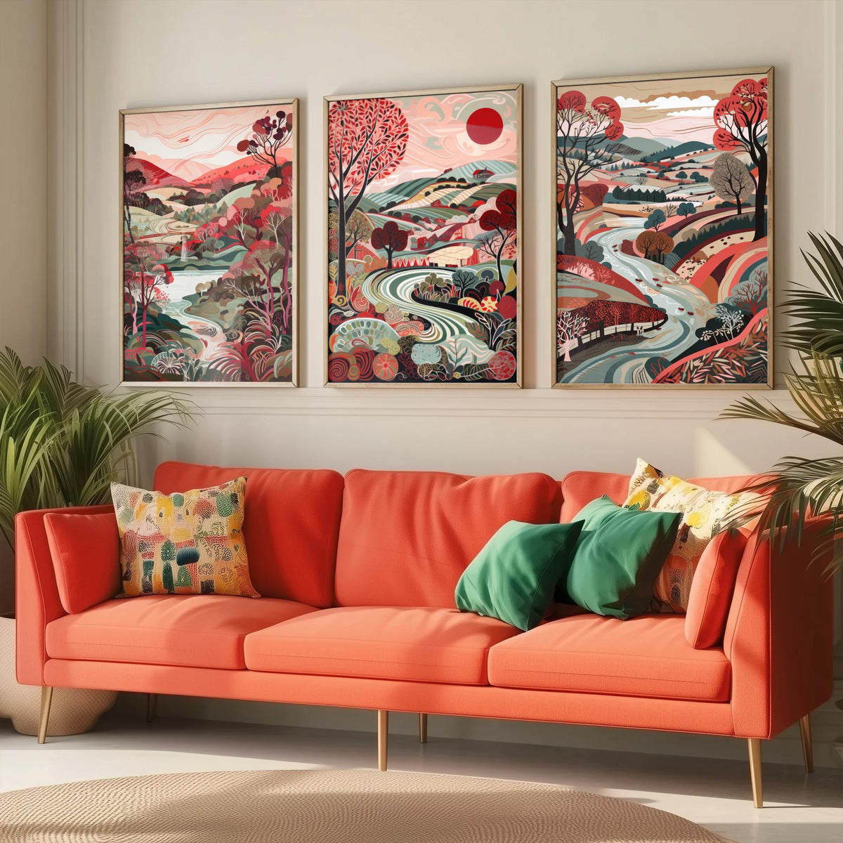 Crimson Landscape Drawing Set of Three Art Prints - Trees, Hills and Fields - Patterned Folk Countryside Poster Illustration