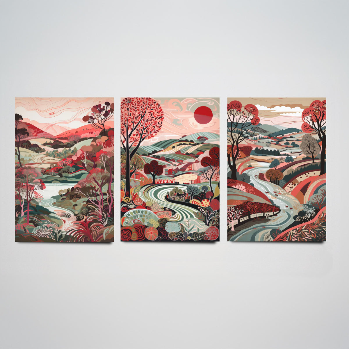 Crimson Landscape Drawing Set of Three Art Prints - Trees, Hills and Fields - Patterned Folk Countryside Poster Illustration