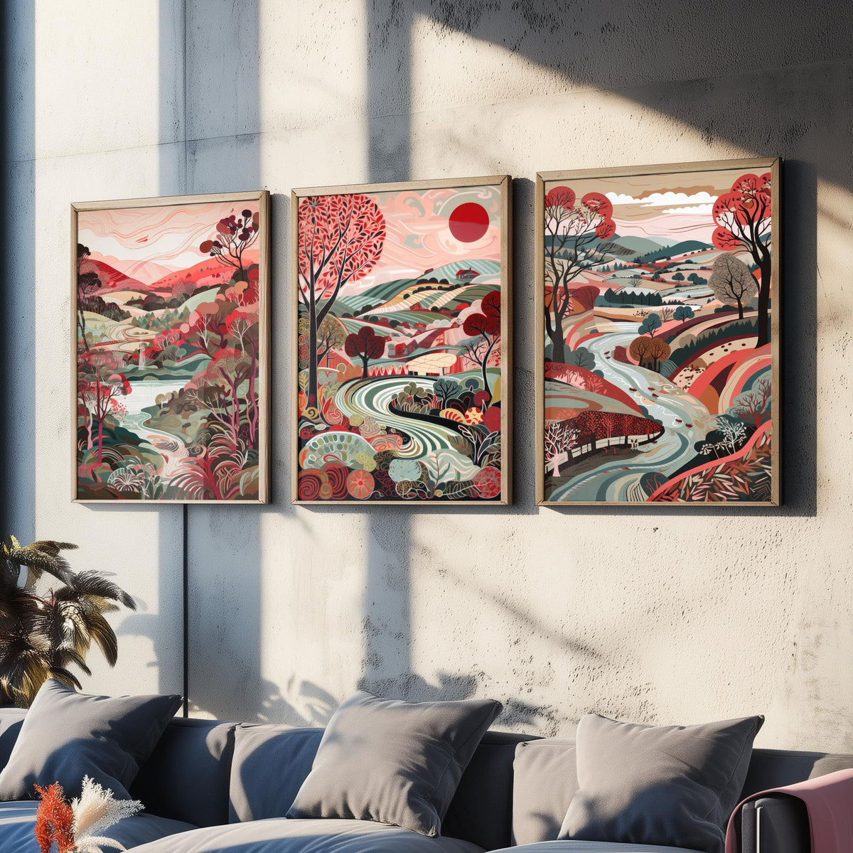 Crimson Landscape Drawing Set of Three Art Prints - Trees, Hills and Fields - Patterned Folk Countryside Poster Illustration