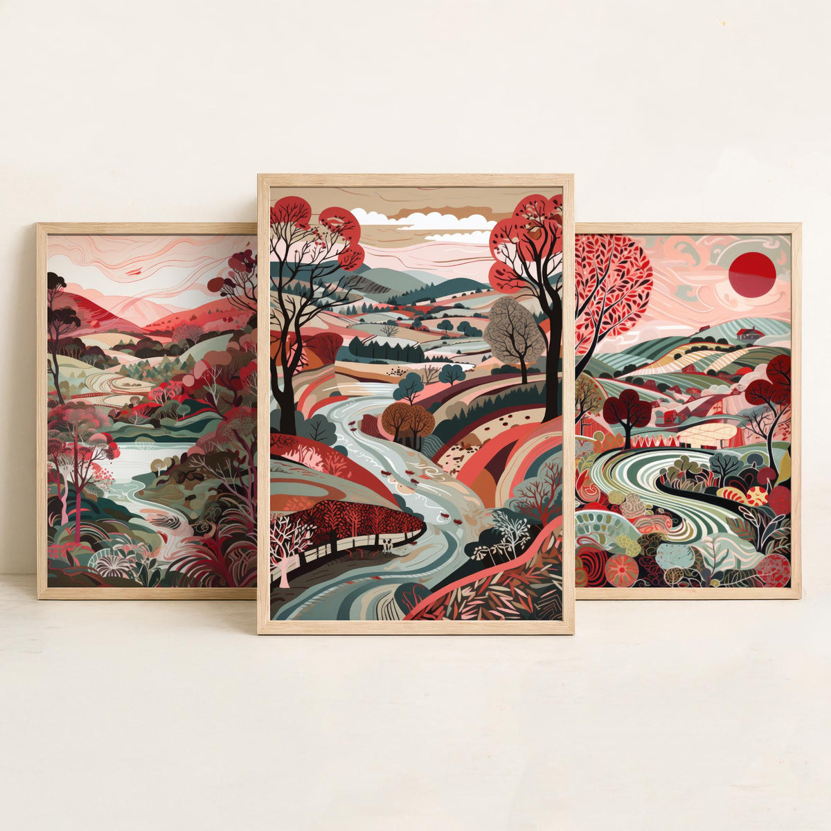 Crimson Landscape Drawing Set of Three Art Prints - Trees, Hills and Fields - Patterned Folk Countryside Poster Illustration