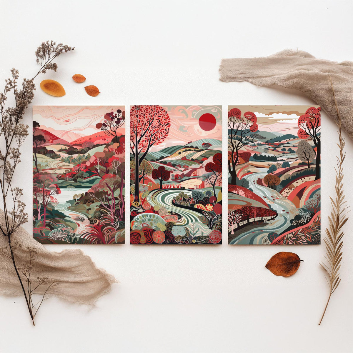 Crimson Landscape Drawing Set of Three Art Prints - Trees, Hills and Fields - Patterned Folk Countryside Poster Illustration