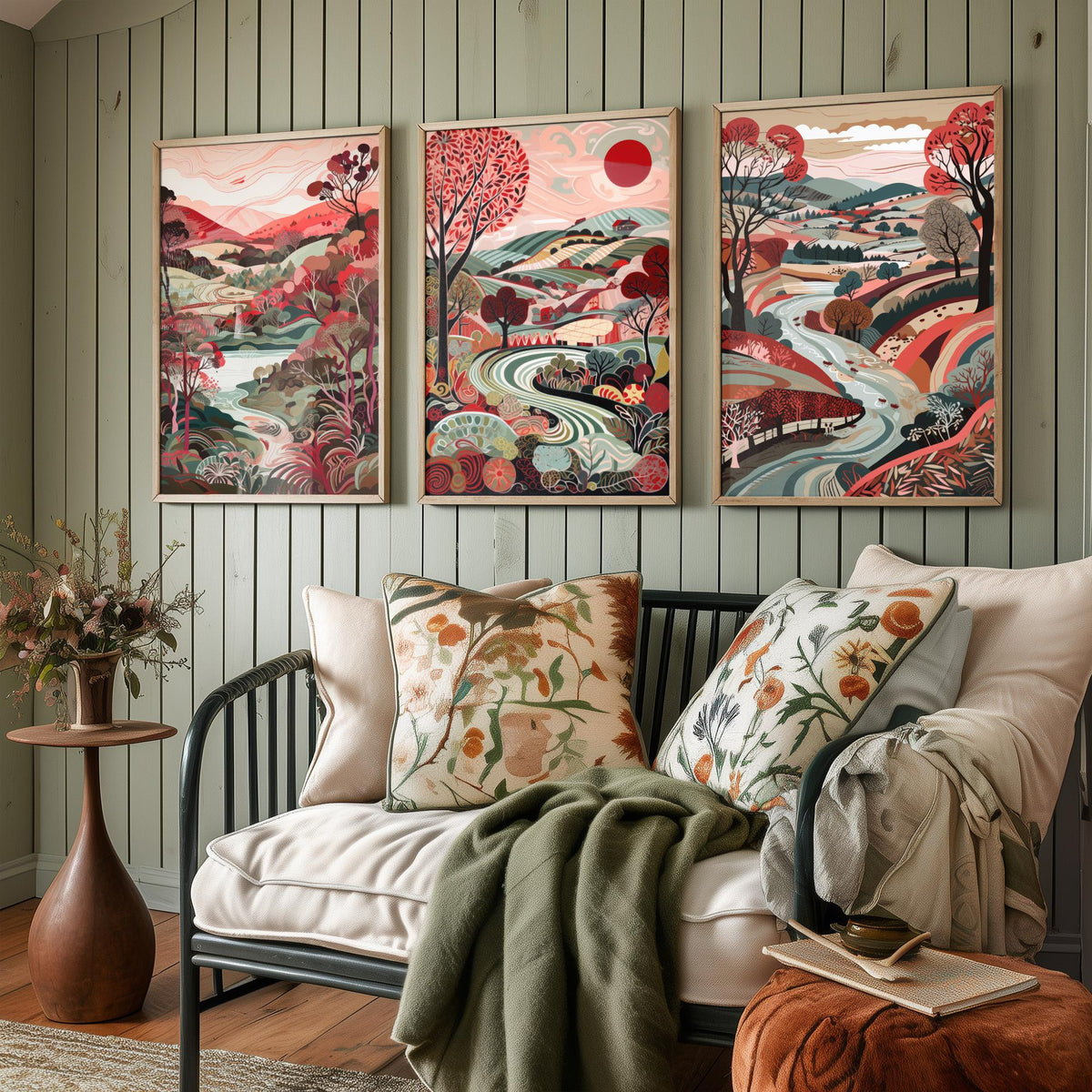 Crimson Landscape Drawing Set of Three Art Prints - Trees, Hills and Fields - Patterned Folk Countryside Poster Illustration
