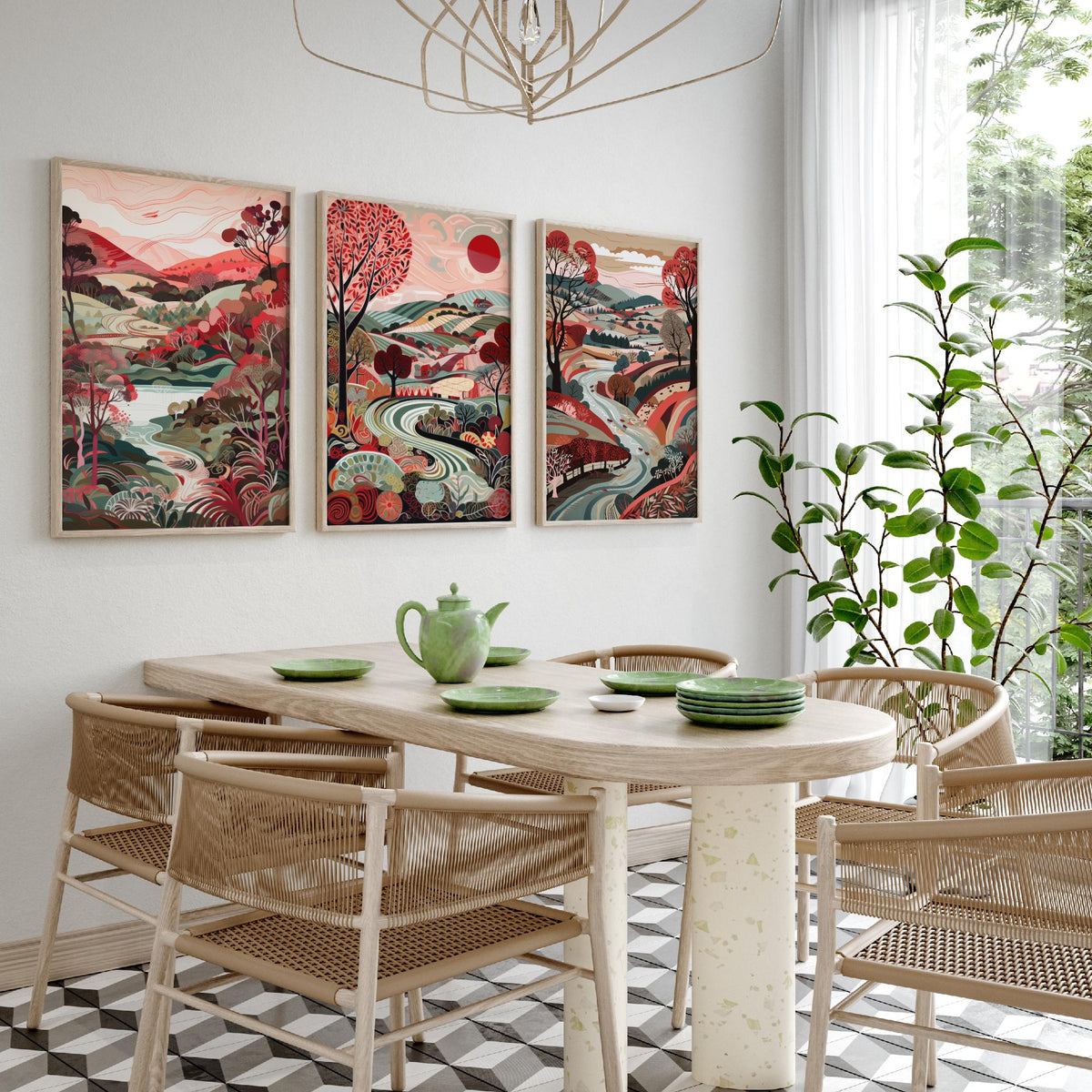 Crimson Landscape Drawing Set of Three Art Prints - Trees, Hills and Fields - Patterned Folk Countryside Poster Illustration