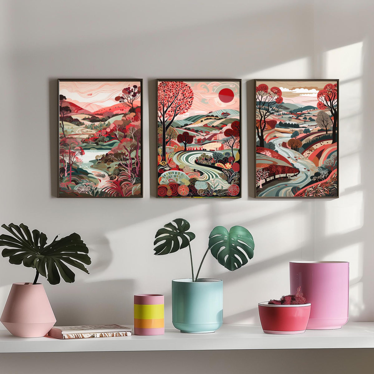Crimson Landscape Drawing Set of Three Art Prints - Trees, Hills and Fields - Patterned Folk Countryside Poster Illustration