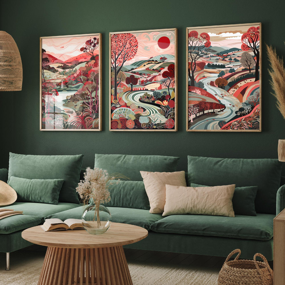 Crimson Landscape Drawing Set of Three Art Prints - Trees, Hills and Fields - Patterned Folk Countryside Poster Illustration