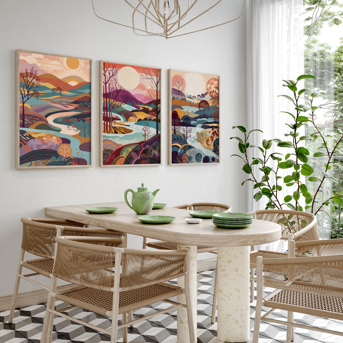 Eggshell Blue Landscape Drawing Set of Three Art Prints - Trees, Hills and River - Dreamy Folk Countryside Poster Illustration