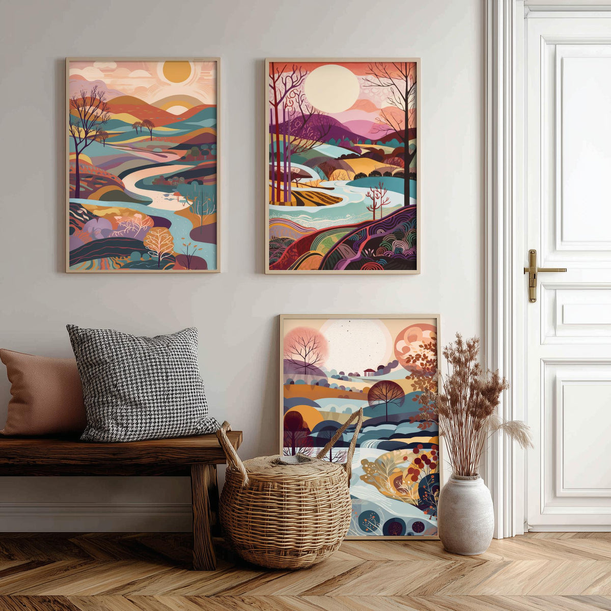 Eggshell Blue Landscape Drawing Set of Three Art Prints - Trees, Hills and River - Dreamy Folk Countryside Poster Illustration