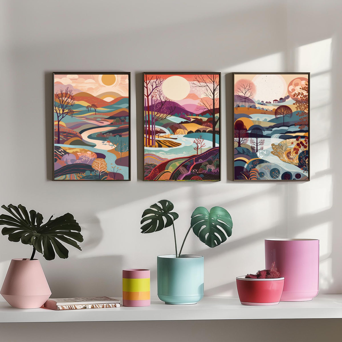 Eggshell Blue Landscape Drawing Set of Three Art Prints - Trees, Hills and River - Dreamy Folk Countryside Poster Illustration