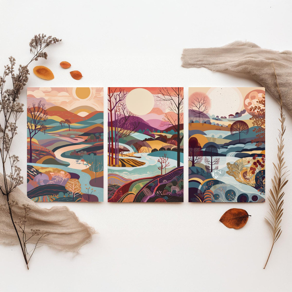 Eggshell Blue Landscape Drawing Set of Three Art Prints - Trees, Hills and River - Dreamy Folk Countryside Poster Illustration