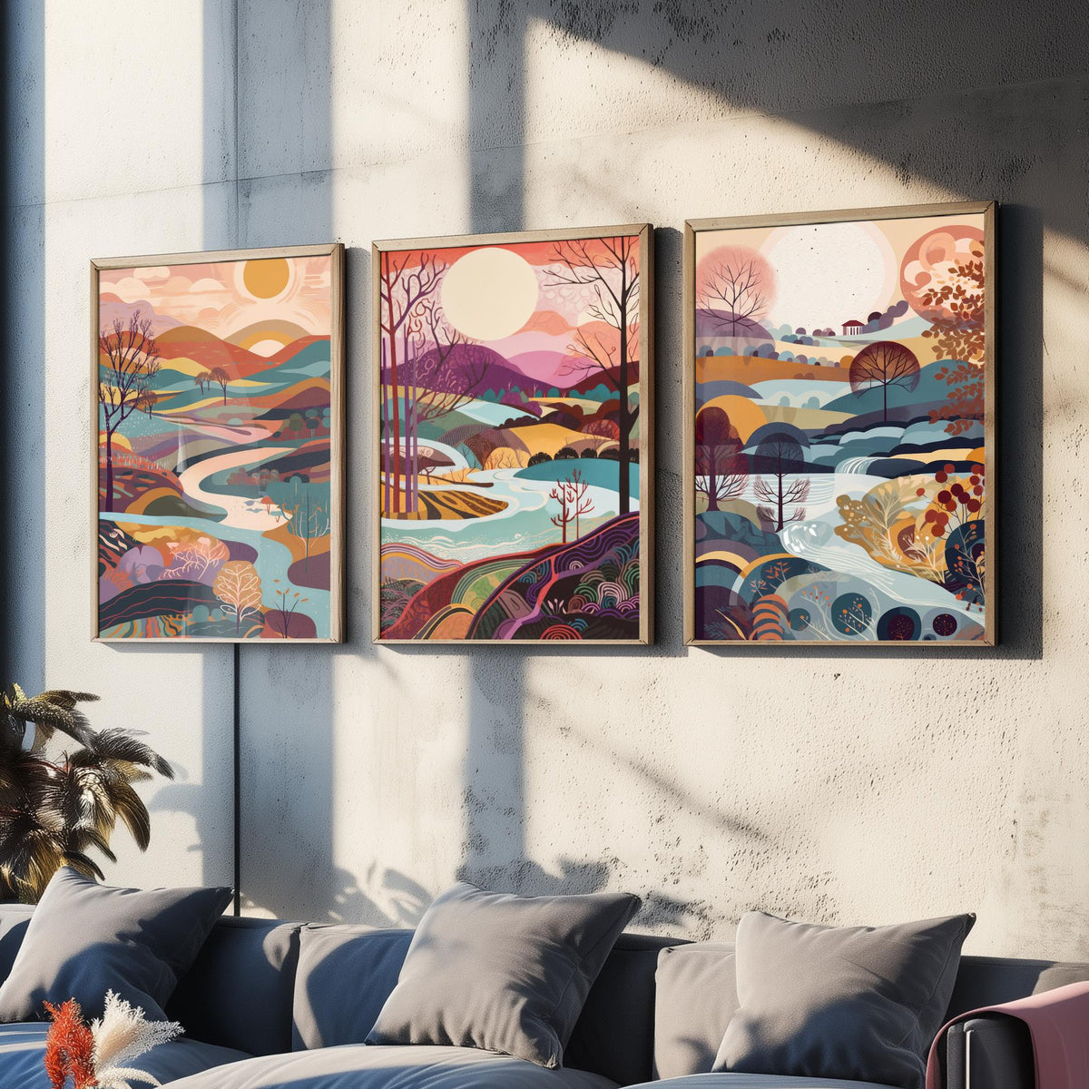 Eggshell Blue Landscape Drawing Set of Three Art Prints - Trees, Hills and River - Dreamy Folk Countryside Poster Illustration