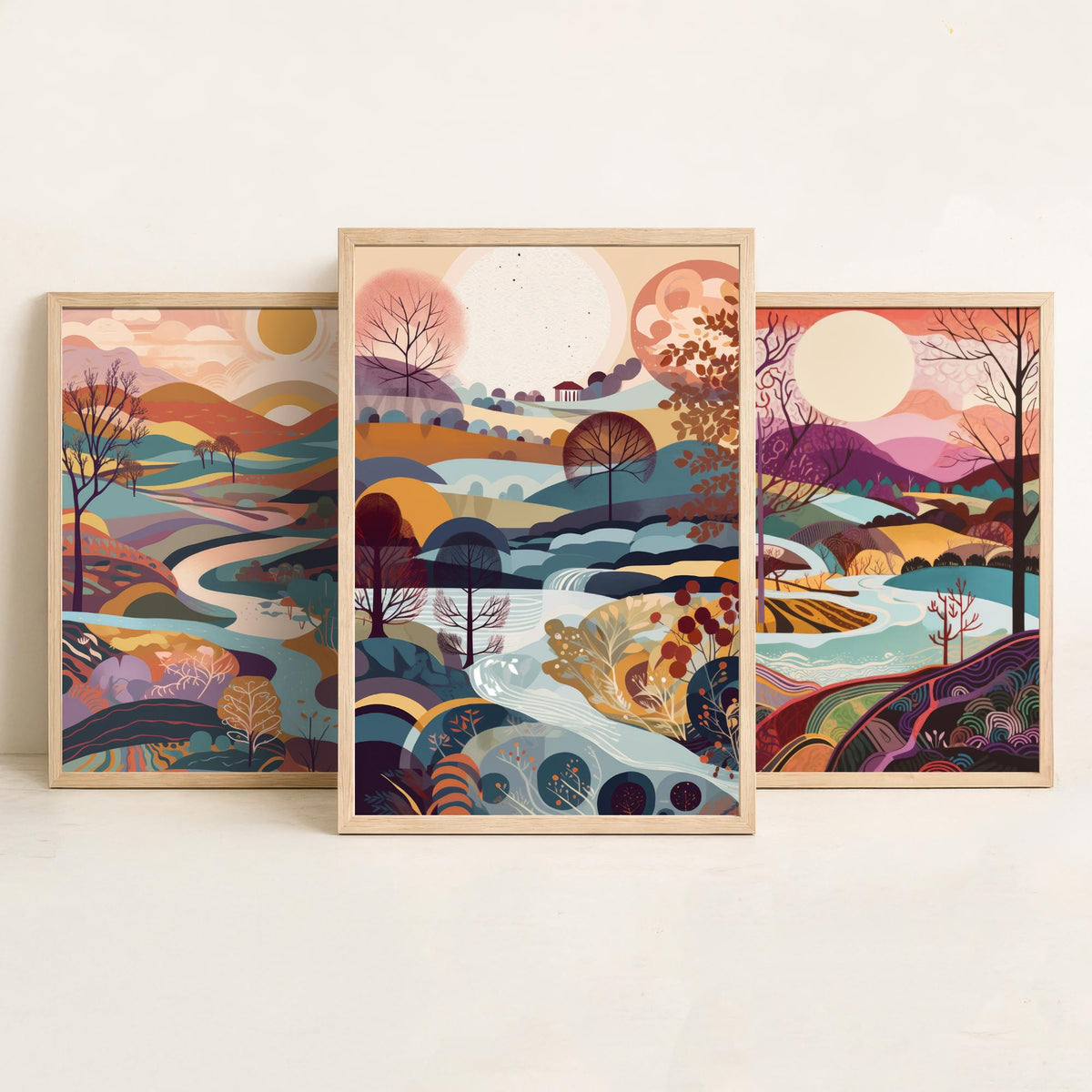 Eggshell Blue Landscape Drawing Set of Three Art Prints - Trees, Hills and River - Dreamy Folk Countryside Poster Illustration