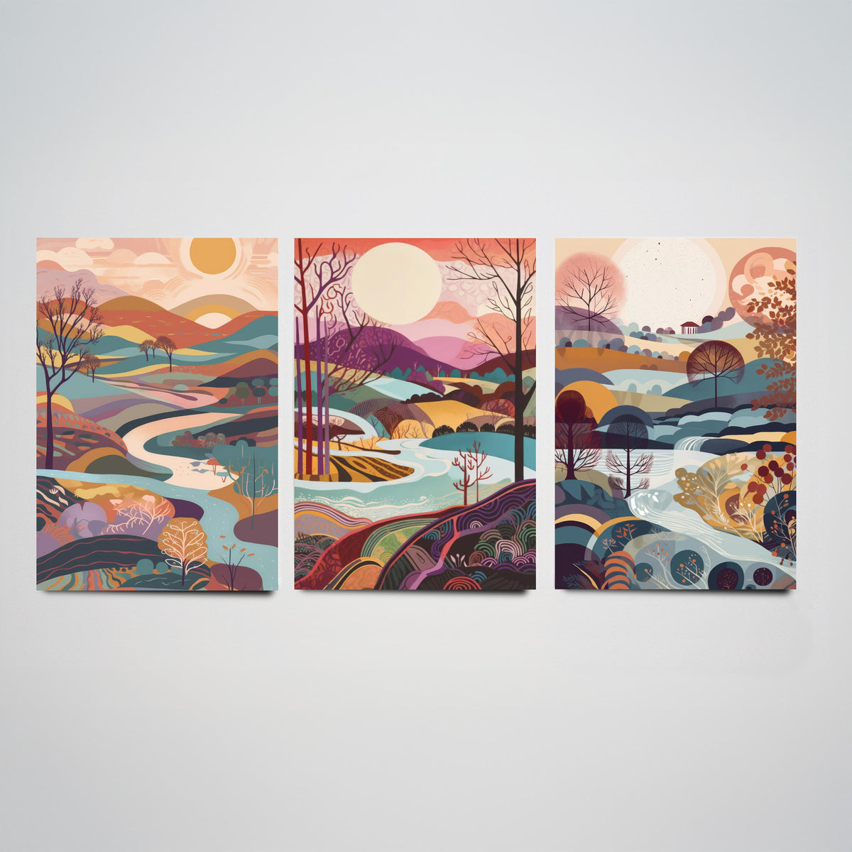 Eggshell Blue Landscape Drawing Set of Three Art Prints - Trees, Hills and River - Dreamy Folk Countryside Poster Illustration