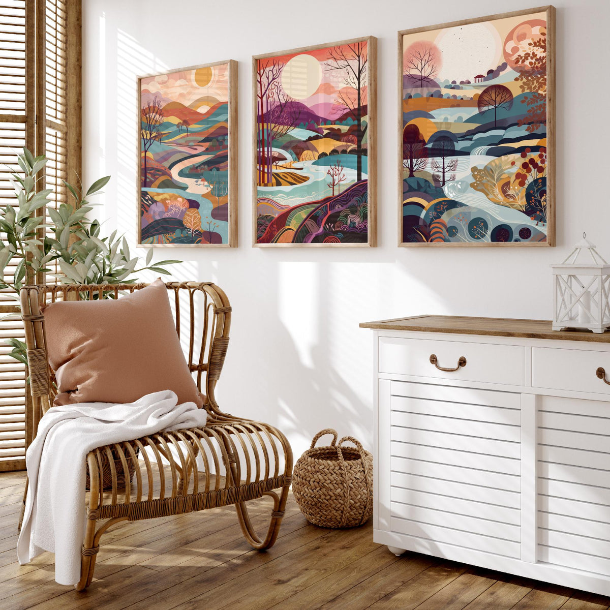 Eggshell Blue Landscape Drawing Set of Three Art Prints - Trees, Hills and River - Dreamy Folk Countryside Poster Illustration