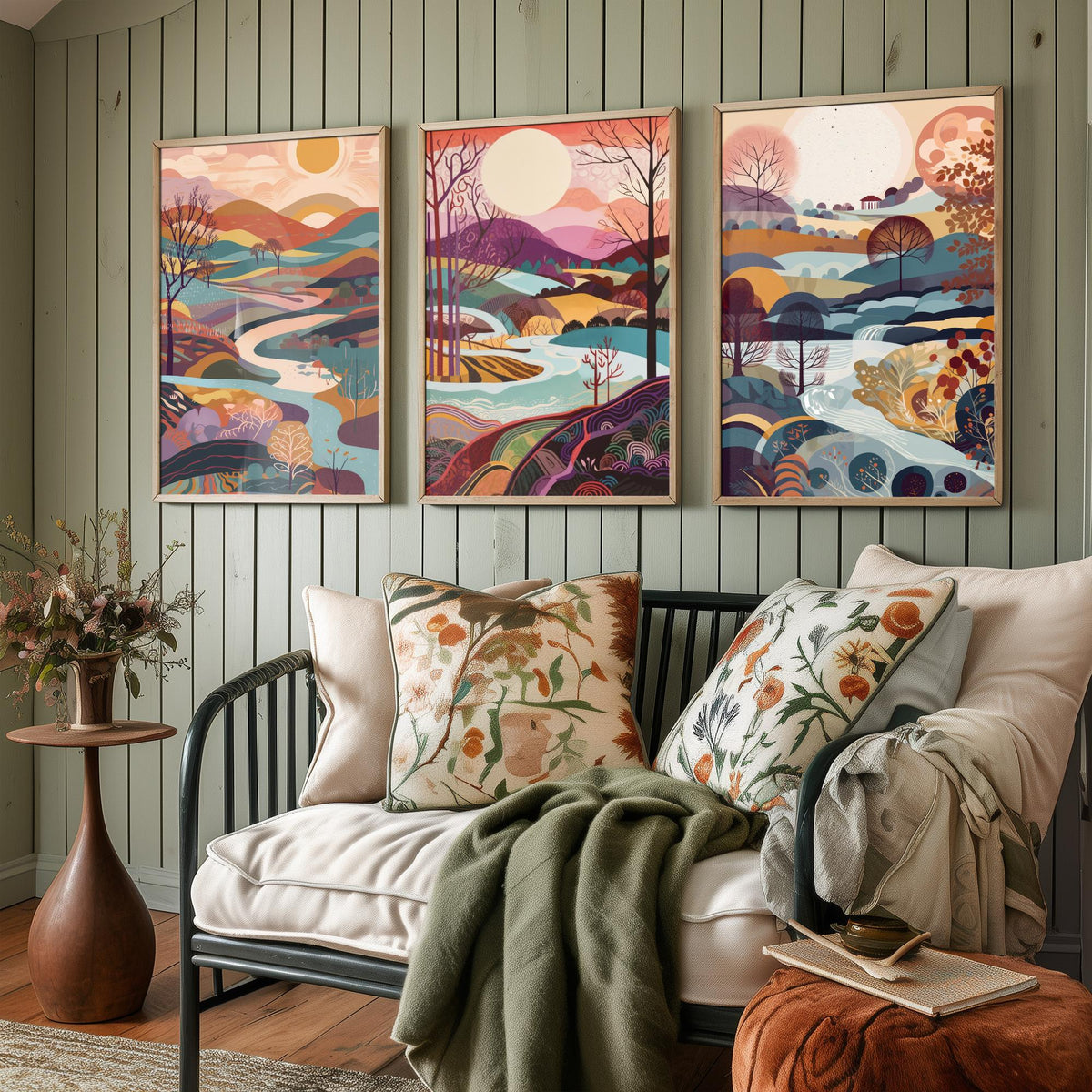 Eggshell Blue Landscape Drawing Set of Three Art Prints - Trees, Hills and River - Dreamy Folk Countryside Poster Illustration