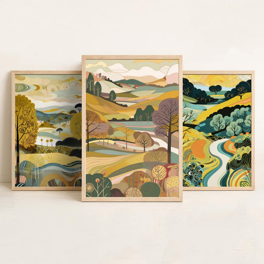 Goldenrod Landscape Drawing Set of Three Art Prints - Trees, Hills and River - Golden Folk Countryside Poster Illustration