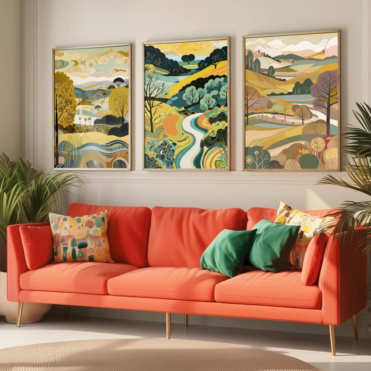 Goldenrod Landscape Drawing Set of Three Art Prints - Trees, Hills and River - Golden Folk Countryside Poster Illustration