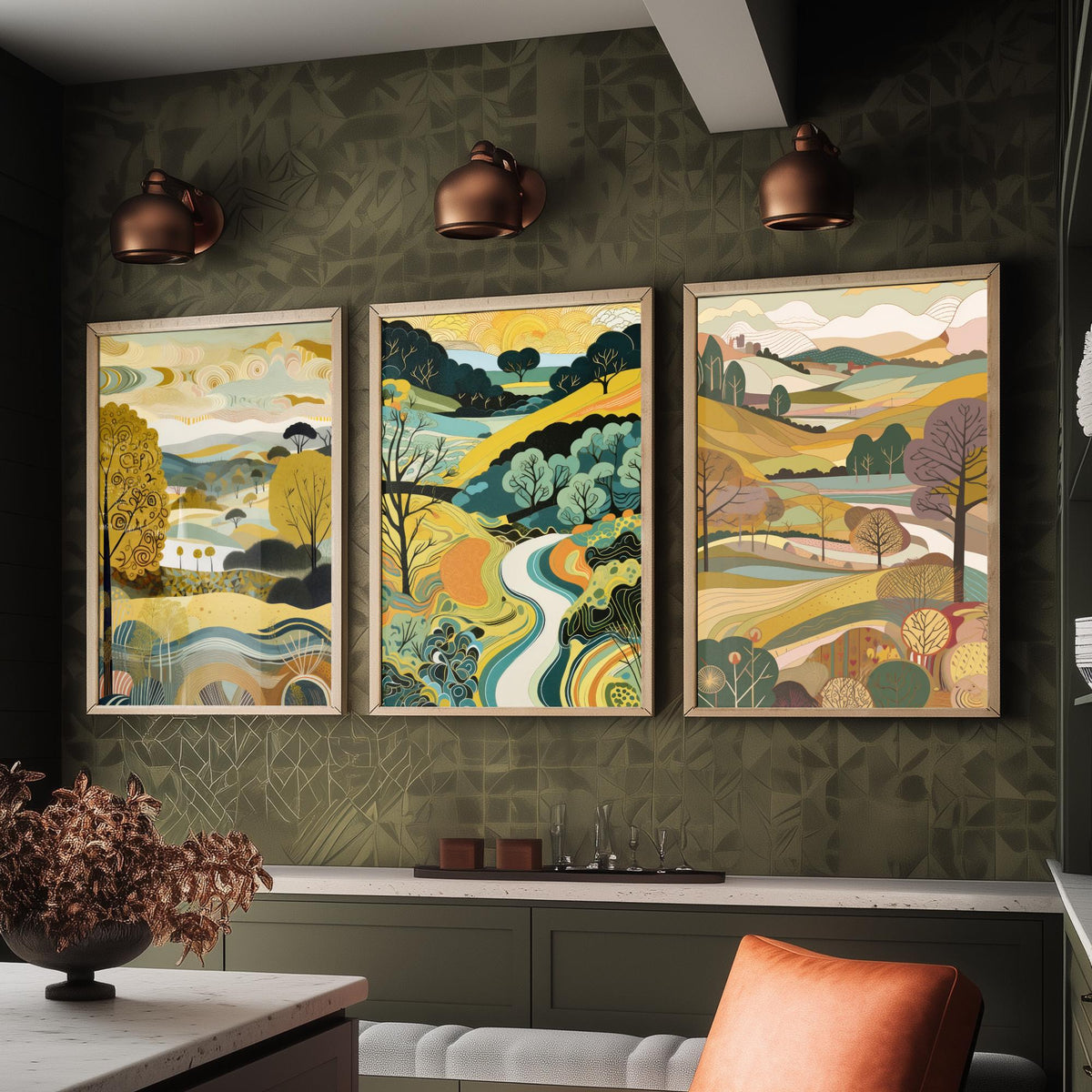 Goldenrod Landscape Drawing Set of Three Art Prints - Trees, Hills and River - Golden Folk Countryside Poster Illustration