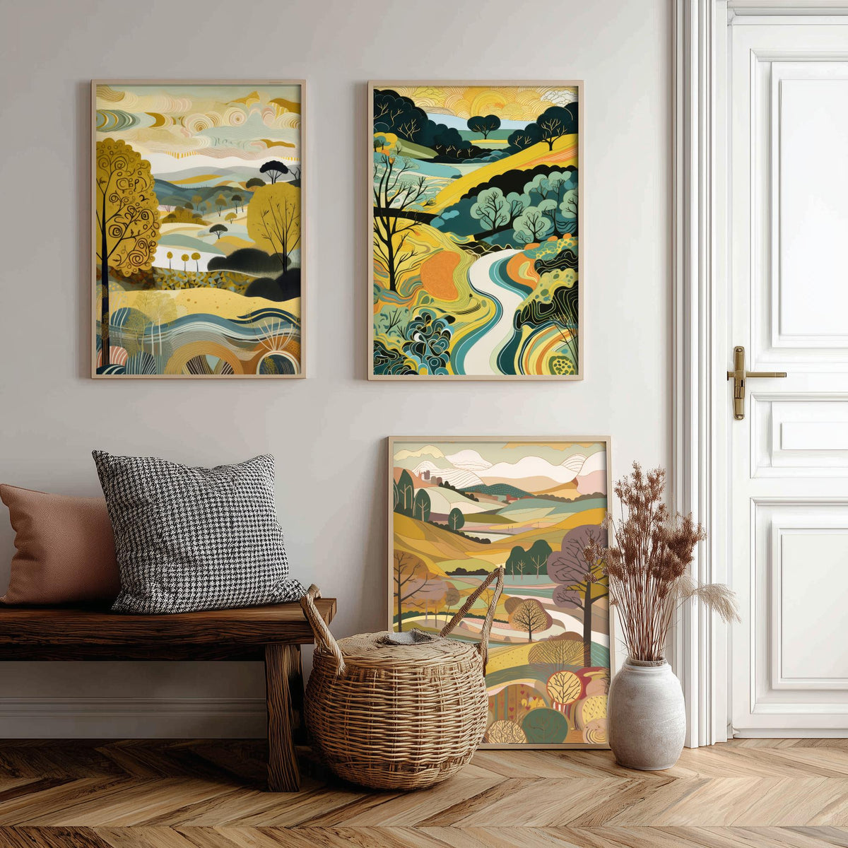 Goldenrod Landscape Drawing Set of Three Art Prints - Trees, Hills and River - Golden Folk Countryside Poster Illustration