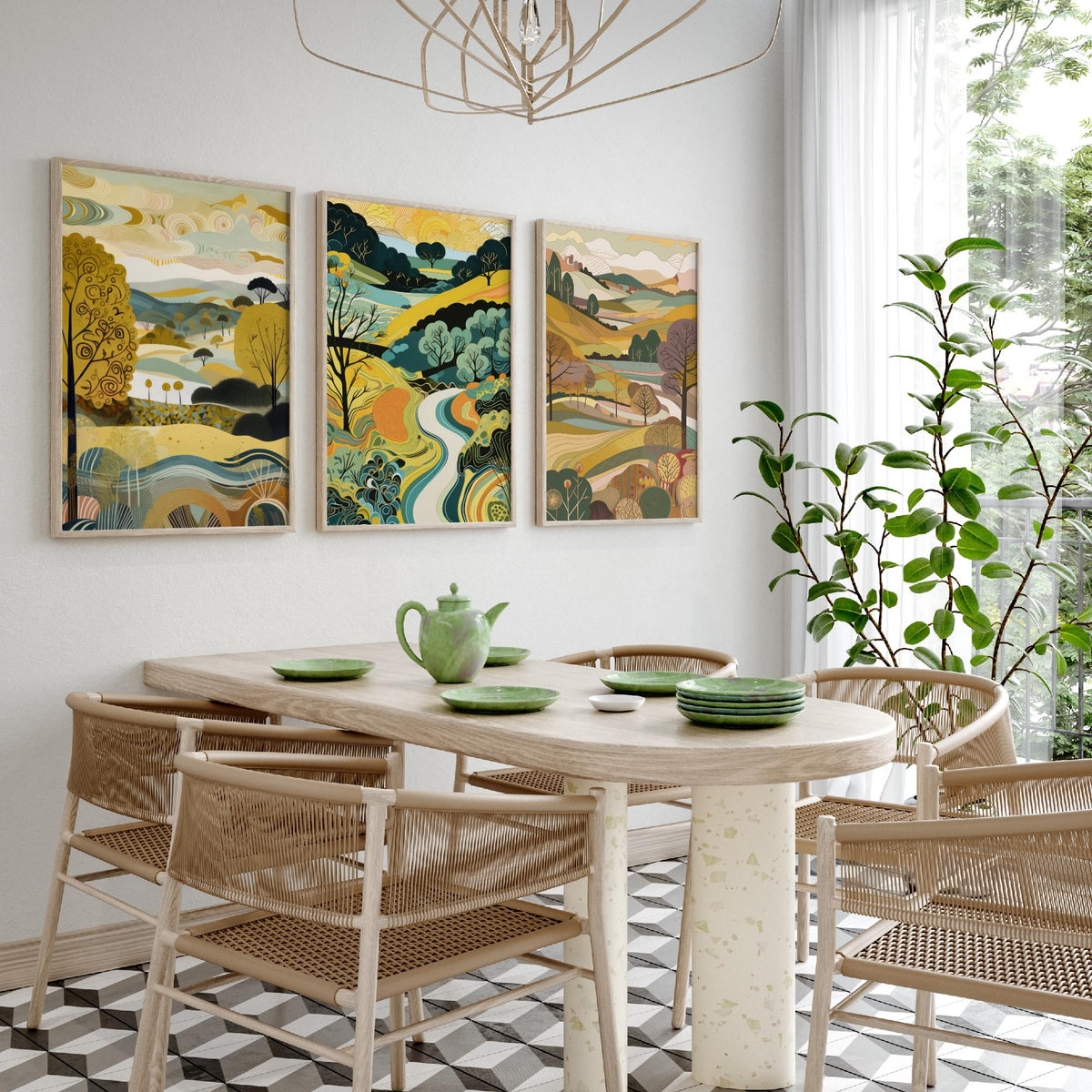 Goldenrod Landscape Drawing Set of Three Art Prints - Trees, Hills and River - Golden Folk Countryside Poster Illustration