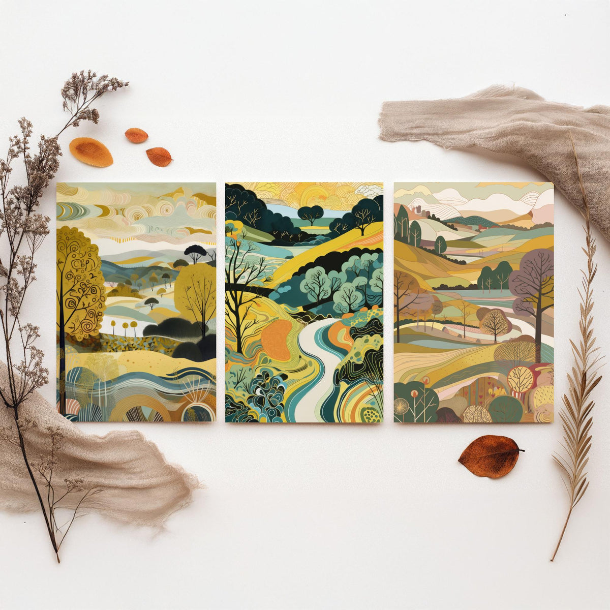 Goldenrod Landscape Drawing Set of Three Art Prints - Trees, Hills and River - Golden Folk Countryside Poster Illustration