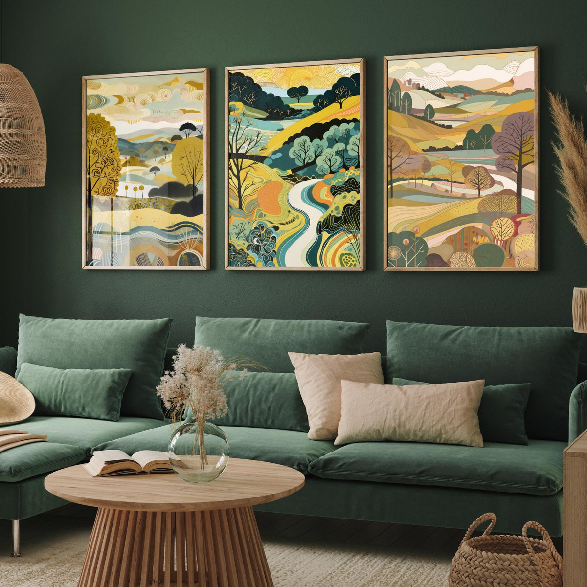 Goldenrod Landscape Drawing Set of Three Art Prints - Trees, Hills and River - Golden Folk Countryside Poster Illustration