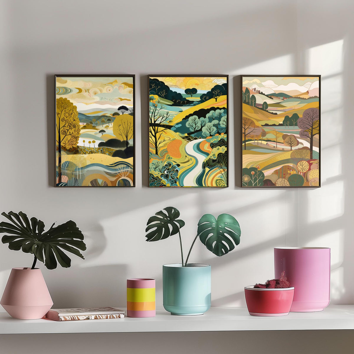 Goldenrod Landscape Drawing Set of Three Art Prints - Trees, Hills and River - Golden Folk Countryside Poster Illustration