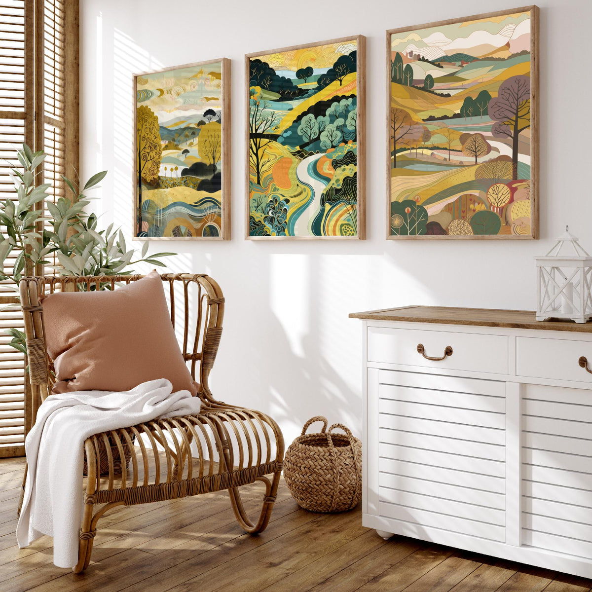 Goldenrod Landscape Drawing Set of Three Art Prints - Trees, Hills and River - Golden Folk Countryside Poster Illustration