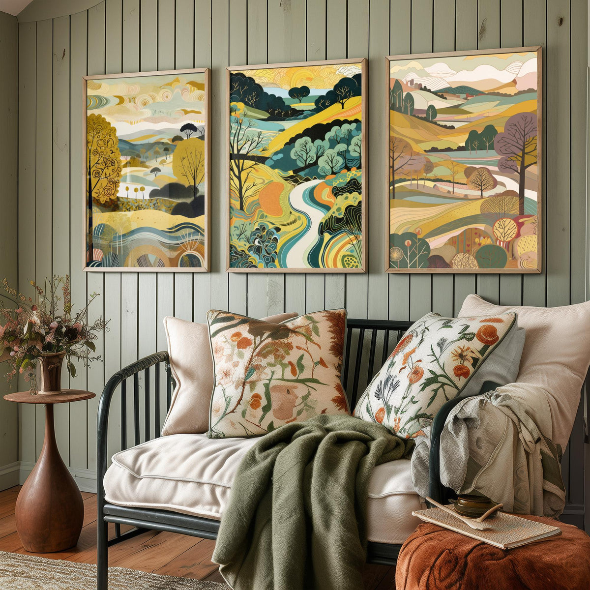 Goldenrod Landscape Drawing Set of Three Art Prints - Trees, Hills and River - Golden Folk Countryside Poster Illustration
