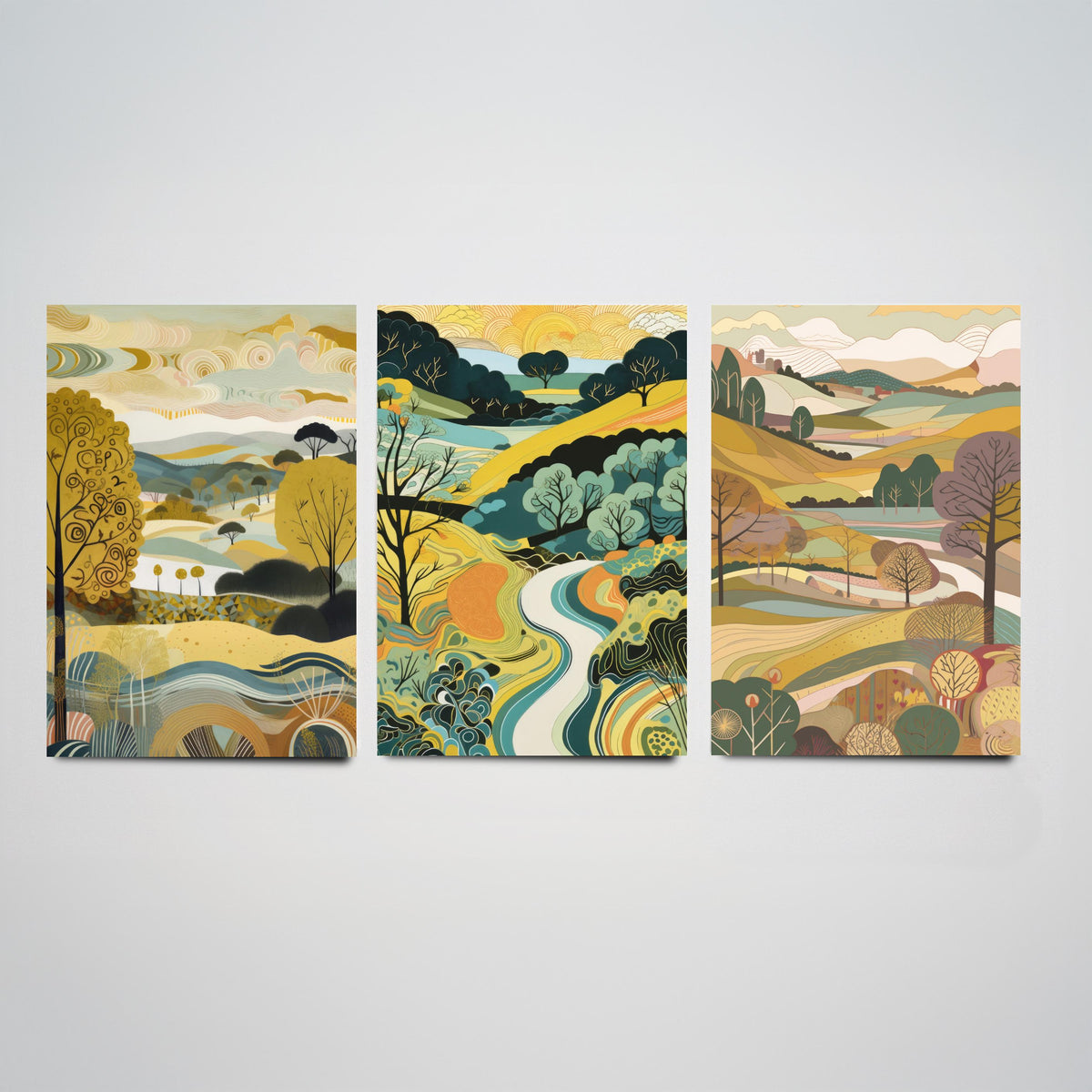 Goldenrod Landscape Drawing Set of Three Art Prints - Trees, Hills and River - Golden Folk Countryside Poster Illustration