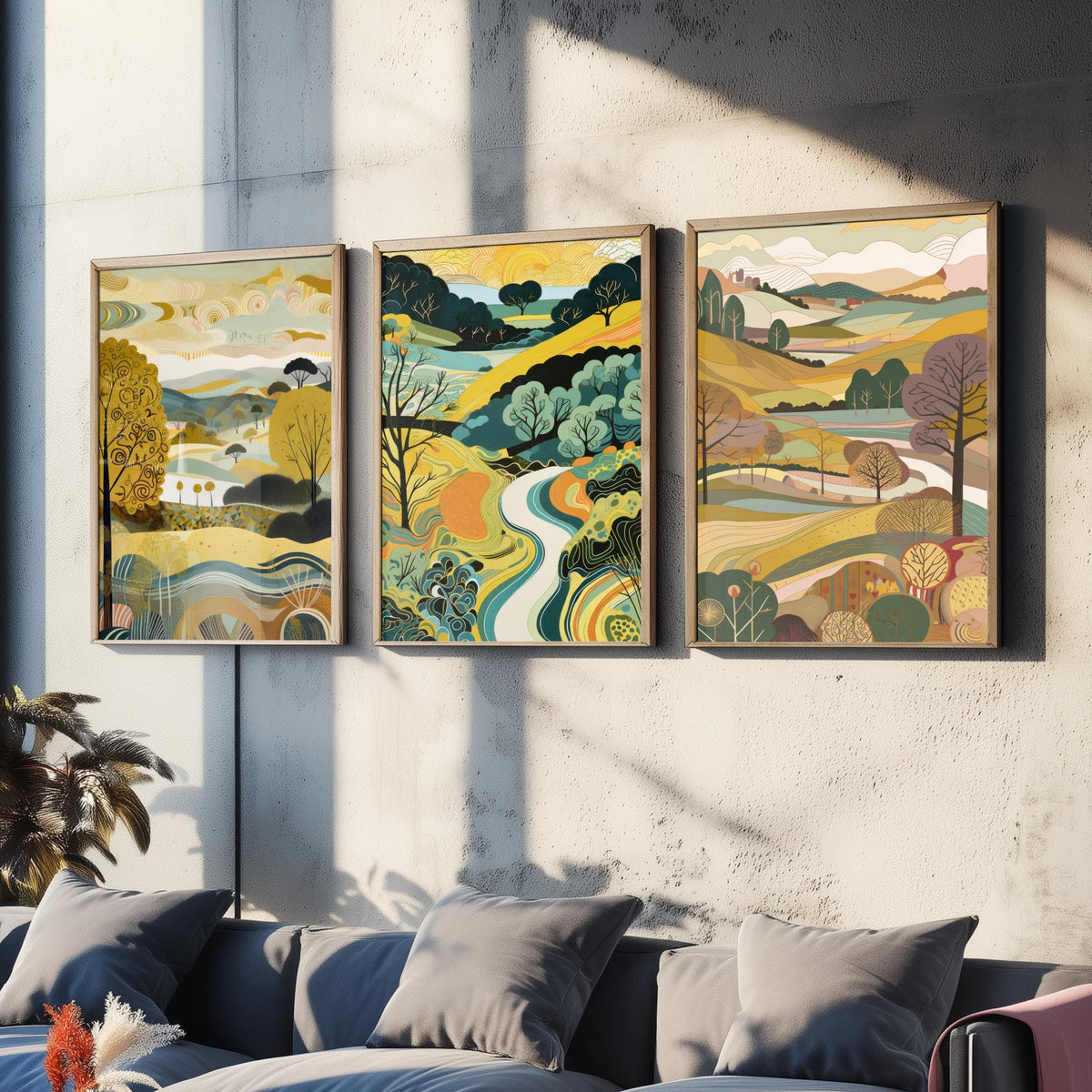 Goldenrod Landscape Drawing Set of Three Art Prints - Trees, Hills and River - Golden Folk Countryside Poster Illustration
