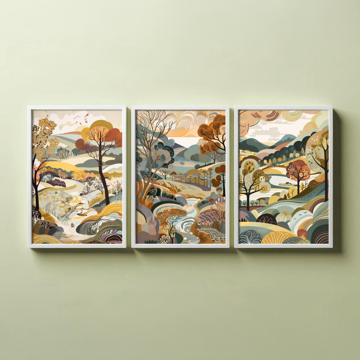 Honey Landscape Drawing Set of Three Art Prints - Trees, Hills and Stream - Autumn Folk Countryside Poster Illustration